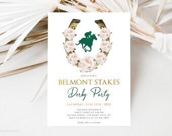 Belmont Stakes Party Invitation Template, Horse Racing Party Invite, Derby Party Invite, White Carnations, Editable Digital Download, Corjl