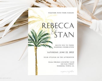 Palm Trees Wedding Invitation Template, Beach Wedding Invitation, Minimal Tropical Wedding Invitation Printable Set, Instant Download, Corjl