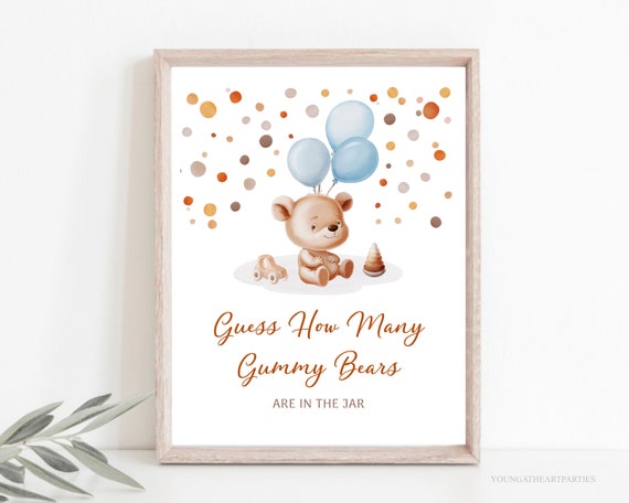 NZSXU Guess How Many Gummy Bears Game – Baby Shower Game Cards With Sign – 50 Cards + Standing Sign For Parties