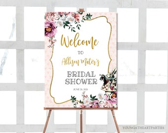 Alice in Wonderland Bridal Shower Welcome Sign, Editable Wonderland Party Welcome Sign, Vintage Floral Wonderland Sign, Corjl Template