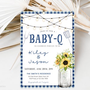 Navy Blue Baby-Q Shower Invitation Template, Editable BBQ Baby Shower Invitation, Couples Baby Shower Invite, Baby Q Backyard Baby Shower