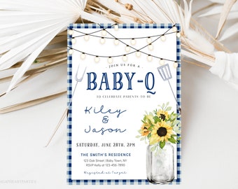 Navy Blue Baby-Q Shower Invitation Template, Editable BBQ Baby Shower Invitation, Couples Baby Shower Invite, Baby Q Backyard Baby Shower