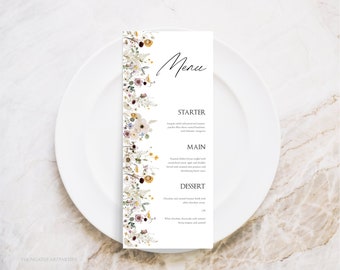 Editable Wildflower Menu Card, Floral Menu Template, Boho Wedding Menu, Instant Download, Printable Meadow Wildflowers Menu, 3.75 x 9, DFWF