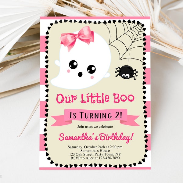 Our Little Boo is Turning Two Birthday Invitation Template, Editable Pink Girl's Halloween 2nd Birthday Invite, Cute Girly Ghost Party