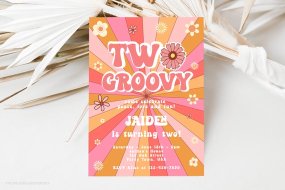 Two Groovy Birthday Party Invitation Template, Peace Love Party, Pink Retro Groovy Party, Hippie 70s Floral 2nd Birthday Party Invite Il_570xn
