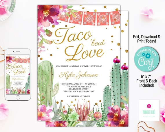 Taco Bout Love Bridal Shower Invitation, EDITABLE TEMPLATE, Mexican Wedding Shower, DIY Fiesta Bridal Shower Invite, Succulent, Cactus Il_570xn