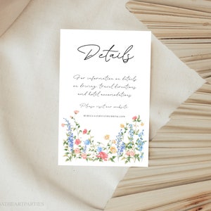 Carte de détails de mariage floral printanier, Carte de détails floraux modifiables, Carte de clôture de fleurs sauvages, Fleurs sauvages peintes à l'aquarelle douce, PPFS