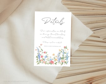 Spring Floral Wedding Details Card, Editable Floral Details Card, Wildflower Enclosure Card, Soft Watercolor Painted Wildflowers, PPFS
