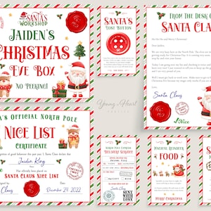 Paquete de caja de Nochebuena editable, kit de caja de Nochebuena imprimible, caja de tradición de Nochebuena, carta de Papá Noel, certificado agradable, etiquetas