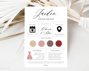 Editable Bridesmaid Info Card, Bridal Party Info Card Template, Bridesmaid Information Card, Bridesmaid Infographic, Bridesmaid Proposal