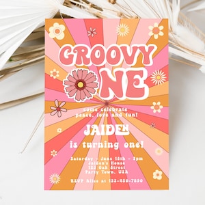 Groovy One Birthday Party Invitation Template,  Peace Love Party,  Pink Retro Groovy Party,  Hippie 70s Floral 1st Birthday Party Invite