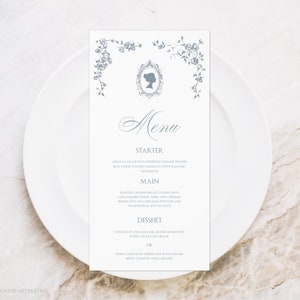 Modelo de menu de casamento floral azul vintage, menu para impressão, menu vitoriano francês editável, download instantâneo, menu de jantar romântico