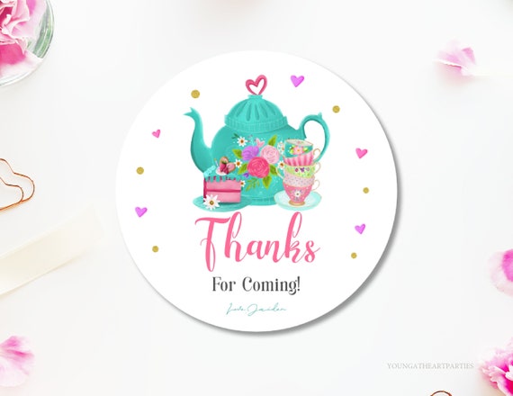 Editable Tea Party Favor Tag Sticker Template Pink Gold Whimsical Girls Tea Party Round Label Template Corjl Printable Il_570xn
