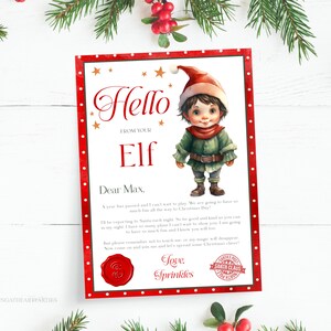 Carta de chegada do elfo moreno editável de olhos azuis, carta de Olá do seu elfo, carta de elfo de Natal para crianças, carta de boas-vindas do elfo do Pólo Norte