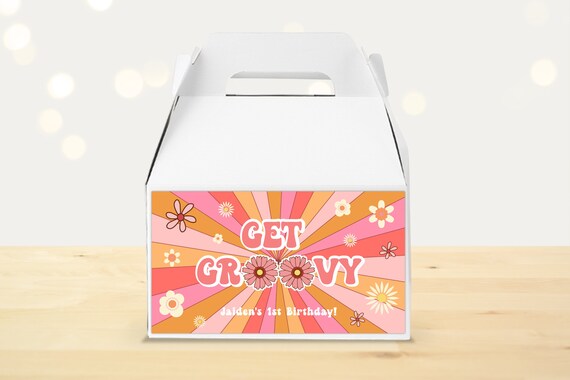 Hippie 70s Floral Groovy Birthday Party Gable Box Favor Label Template Peace Love Party Editable Pink Retro Groovy Party Box Label Il_570xn