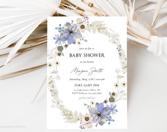 Boho Wildflower Baby Shower Invitation, Summer Baby Shower, Blue Wildflowers Invite,  Meadow Flowers Invitation,  Edit with Corjl, DFWF