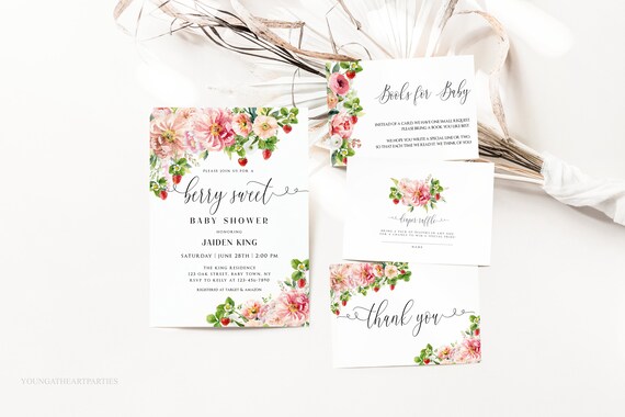 Strawberry Baby Shower Invitation Bundle, Strawberry Baby Shower Invitation Template, Berry Sweet Baby Shower Suite, Digital Baby Shower Set Il_570xn