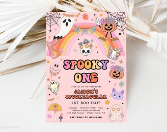 Groovy Pink Spooky 1st Birthday Invitation, Editable Spooky One Girl's Birthday Invite, Retro Groovy Rainbow Ghost Birthday Hippie Party