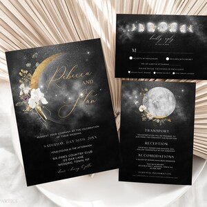 Boho Floral Moon Hochzeitseinladungsset, bearbeitbarer himmlischer Mond Hochzeitseinladungs-Set, Sternenhimmel Hochzeit einladen, sofortiger Download, MSN1