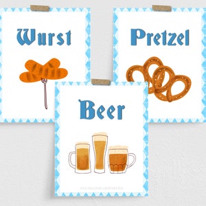 Oktoberfest Party Sign Bundle, Oktoberfest Table Signs, Bavarian Blue Checks, Beer Sign, Wurst Sign, Pretzel Sign, Instant Download