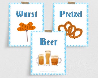 Oktoberfest Party Sign Bundle, Oktoberfest Table Signs, Bavarian Blue Checks, Beer Sign, Wurst Sign, Pretzel Sign, Instant Download
