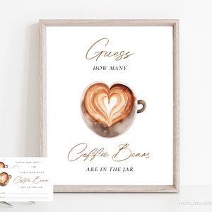 Placa editável Adivinhe quantos grãos de café, Jogo de chá de panela com café, Chá de panela com café da manhã, O amor está se formando, Jogo de chá de panela para impressão
