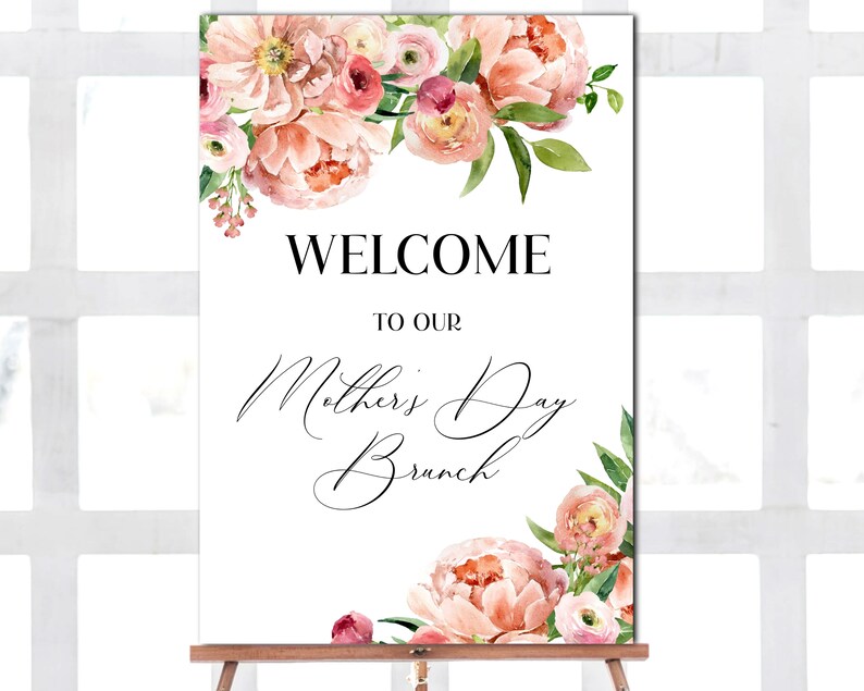 Editable Mother's Day Brunch Welcome Sign, Mothers Day Poster Sign, Watercolor Florals, Instant Download, Corjl Welcome Sign image 1