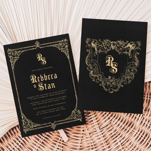 Black and Gold Gothic Wedding Invitation Template, Editable Skull Wedding Invitation, Vintage Victorian Frame Invite, Halloween Wedding, GW