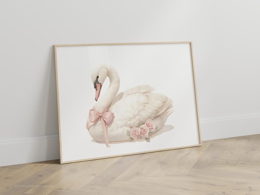Coquette Swan Art Print, Baby Girl Swan Nursery Art, Watercolor Swan ...