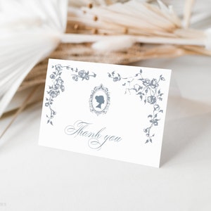 Cartão de agradecimento floral azul vintage editável, cartão de agradecimento vitoriano francês, cartão romântico, modelo de agradecimento de casamento para impressão, Corjl