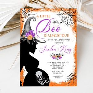 Halloween Baby Shower Invitation, A Little Boo Baby Shower Invite, Orange, Purple, October Baby Shower, Editable Template, Instant Download image 1