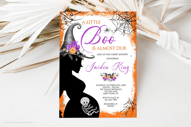 Halloween Baby Shower Invitation, A Little Boo Baby Shower Invite, Orange, Purple, October Baby Shower, Editable Template, Instant Download image 1