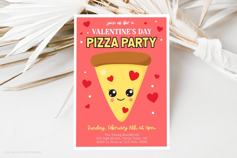 Valentinstag Pizza Party Einladung, Kinder Valentinstag Party Einladung, Valentinstag Party, bearbeitbare Vorlage, Sofort Download Bild 1