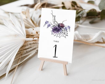 Elegant Gothic Table Numbers Template, Editable Halloween Table Number Cards, Purple and Black, Elegant Halloween Florals, SBHB01