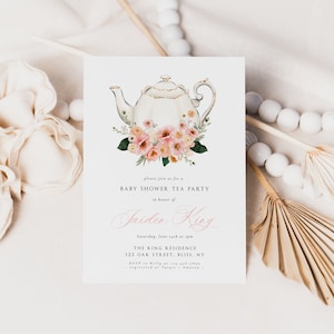 Tea Party Baby Shower Invitation Template, Printable Teapot Baby Shower Invite, Blush Pink Floral Baby Shower, Instant Download, PPFT