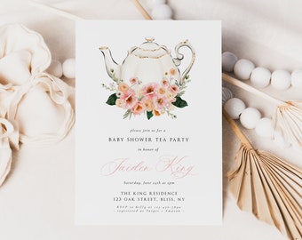Tea Party Baby Shower Invitation Template, Printable Teapot Baby Shower Invite, Blush Pink Floral Baby Shower, Instant Download, PPFT
