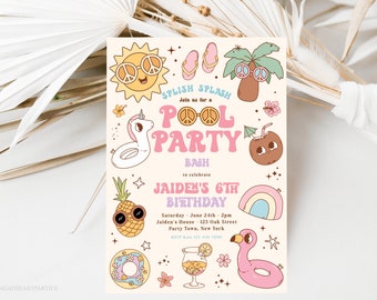 Groovy Pool Party Invitation Template, 70's Retro Splish Splash Girl Pool Party Invite, Swimming Birthday Party Invite, Splash Pad Party