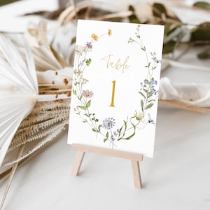 Numeri di tavola di nozze di fiori selvatici stampabili, modello numeri di tavola botanica, numeri di tavola di fiori di campo Boho, 5x7, 4x6, modifica con Corjl, WMF