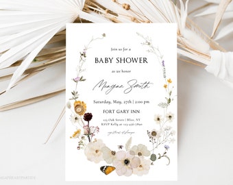 Boho Wildflower Baby Shower Invite, Pressed Flowers Baby Shower Invitation, Dried Florals Baby Shower Invitation, Editable Template, DFWF