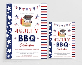 4th of July BBQ Celebration Flyer Invite Template, USA Independence Day Block Party Printable, Red White Blue Stars Stripes Party Poster