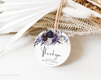 Gothic Bridal Shower Favor Tag Template, Editable Halloween Round Thank You Tags, Purple and Black, Elegant Halloween Florals, SBHB01