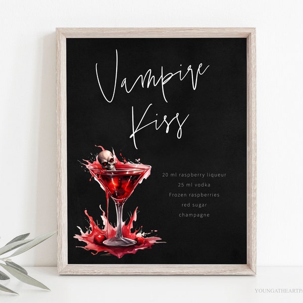 Vampire Kiss Cocktail Recipe, Halloween Cocktail Sign, Vampire Cocktail Bar Print, Spooky Drink Sign, Editable Bar Drink Sign