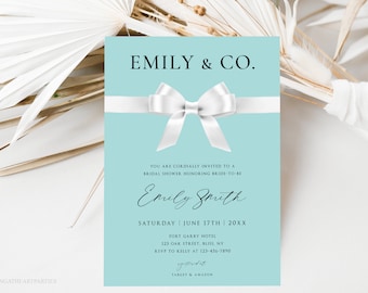 Customizable Bride & Co. Invitation Template, White Bow with Aqua Blue Invitation, Audrey Hepburn Breakfast At Inspired Invitation, BTD