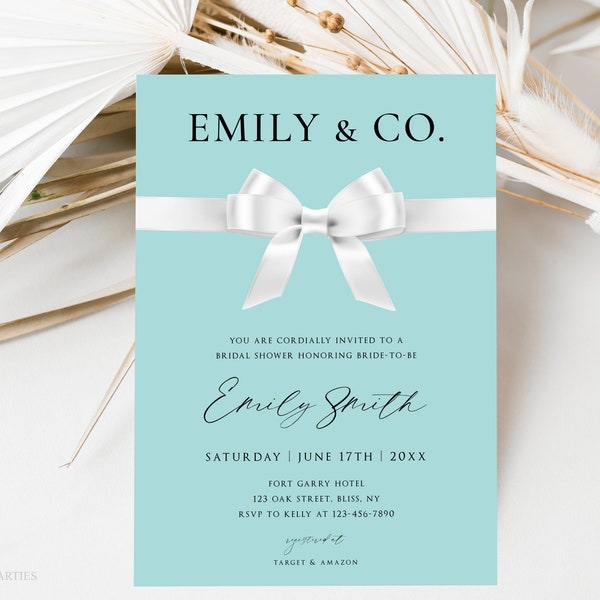 Customizable Bride & Co. Invitation Template, White Bow with Aqua Blue Invitation, Audrey Hepburn Breakfast At Inspired Invitation, BTD