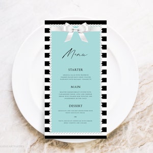 Szablon menu Bride & Co., biała kokarda z menu ślubnym Paris Blue, edytowalna karta menu tematycznego Breakfast at, akwamaryna i paski z perłami, BTD