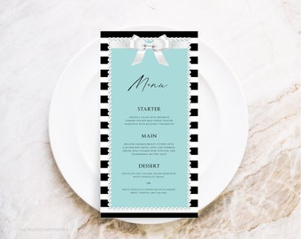 Bride & Co. Menu Template, White Bow with Paris Blue Bridal Menu, Editable Breakfast at Themed Menu Card, Aqua and Stripes with Pearls, BTD