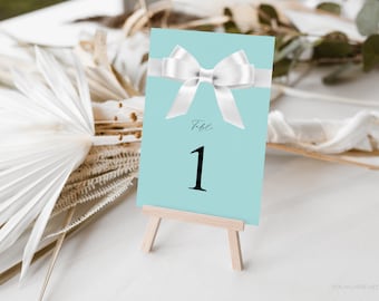 White Bow with Aqua Blue Table Numbers, Bride & Co. Table Number Cards, Audrey Hepburn Breakfast Inspired Shower, Editable Template, BTD