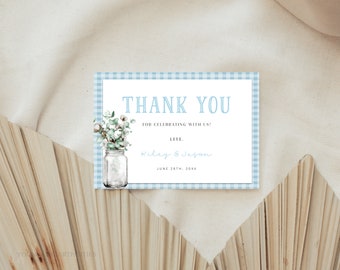 Blue Gingham Baby-Q Thank You Card, BBQ Shower Thank You Notes, Baby Boy BBQ Thank You Notes, Editable with Corjl, Baby Boy Baby Q Card