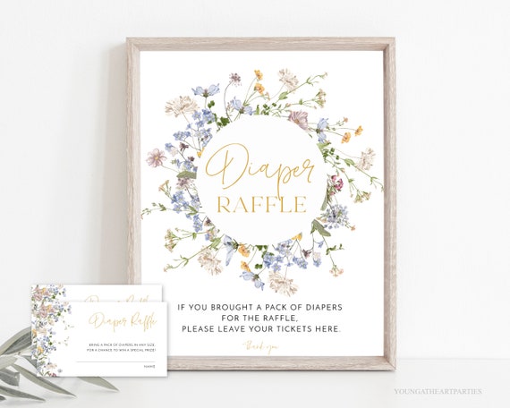 Wildflower Baby Shower Diaper Raffle Sign and Raffle Tickets, Boho Flowers Diaper Raffle Set, Floral Baby Shower Set, Edit with Corjl, WMF Il_570xn