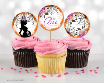 Halloween Baby Shower Cupcake Toppers, A Little Boo is Almost Due Cupcake Toppers, Witch Baby Shower, Purple Orange Black, Instant Download